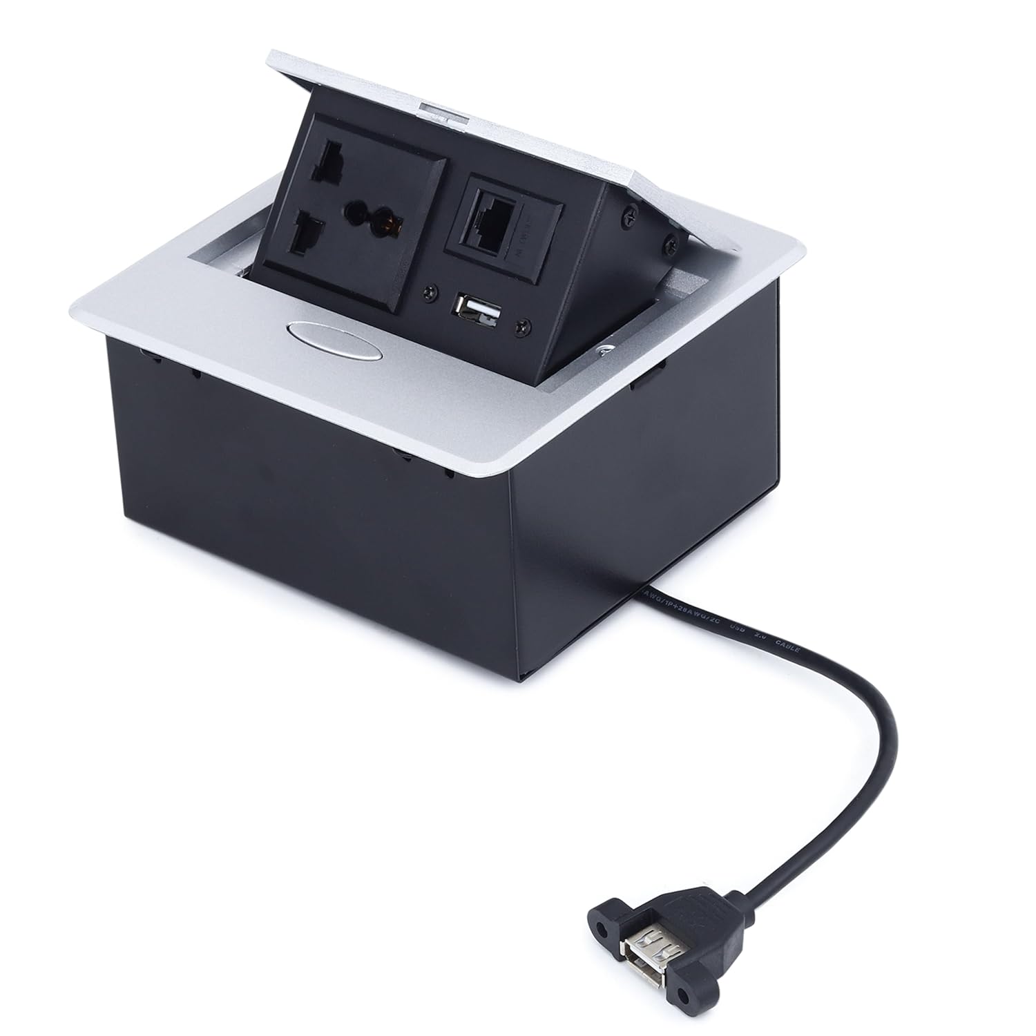 BOXNUBE Hydraulic Pop UP Box Cable Cubby Square Extension Board with 1 x Universal Power Sockets, 1 x Ethernet/LAN, 1 x USB Type A Ports BOXNUBE Hydraulic Pop UP Box Cable Cubby Square Extension Board with 1 x Universal Power Sockets, 1 x Ethernet/LAN, 1 x USB Type A Ports